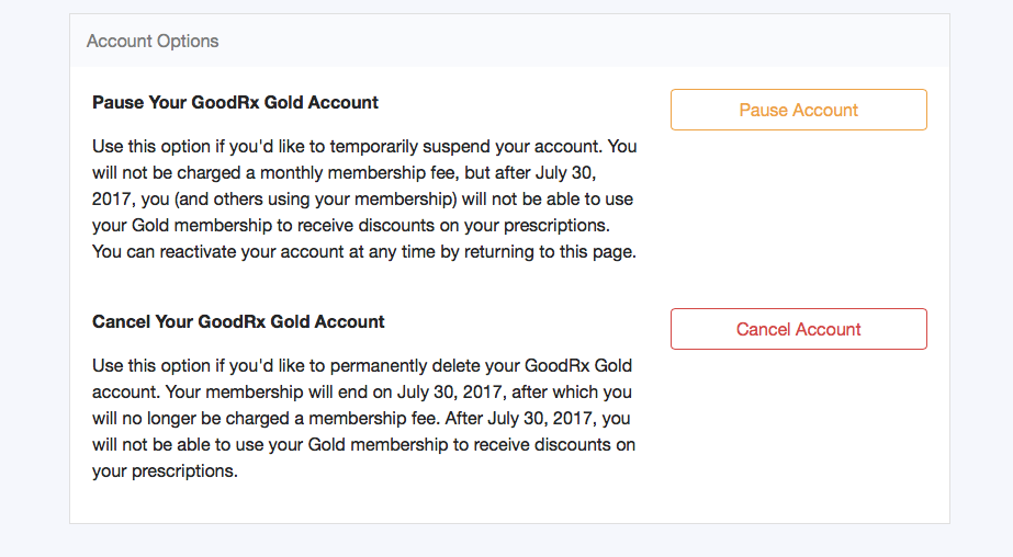 GoodRX GOLD Cancel Account Pause Account
