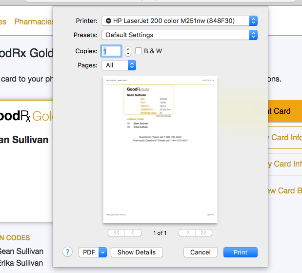 GoodRX Gold Signup Printing Card